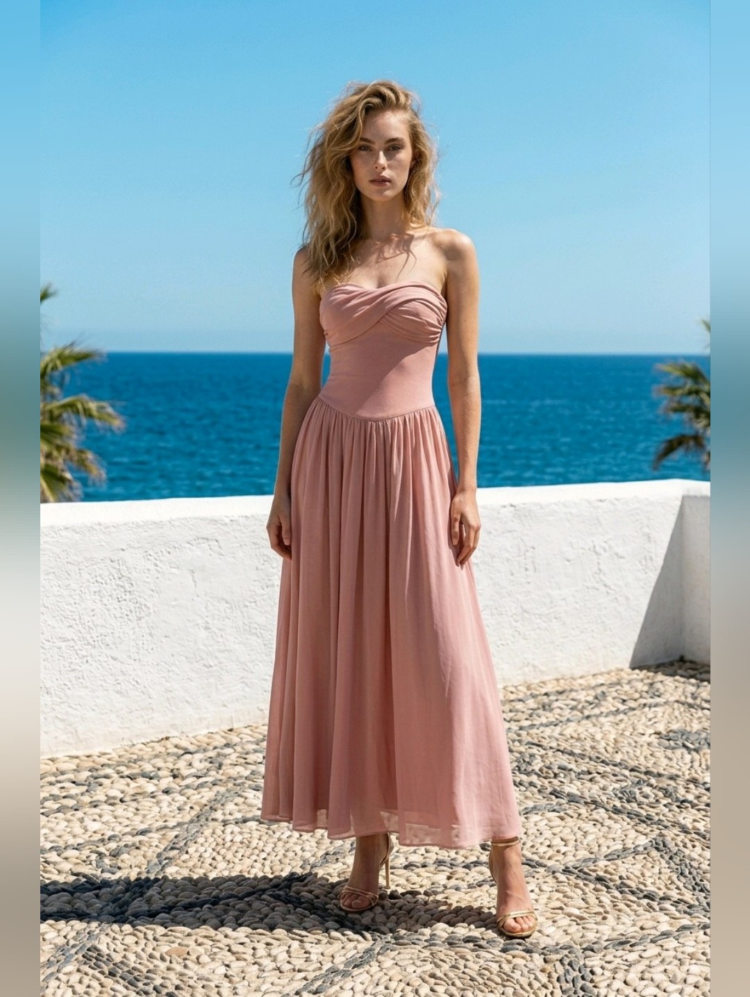 Pink Strapless Maxi Dress Ruched Bodice Drop Waist Medium